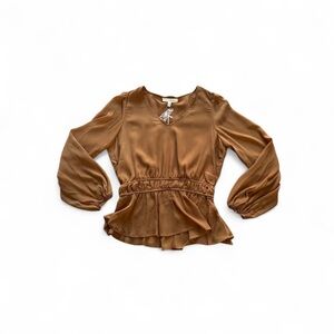 💜Grade & Gather Long Sleeve V-Neck Peplum Blouse – Flowy Gathered Waist Top